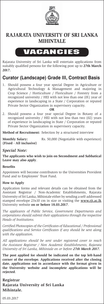 Curator (Landscape) - Rajarata University 